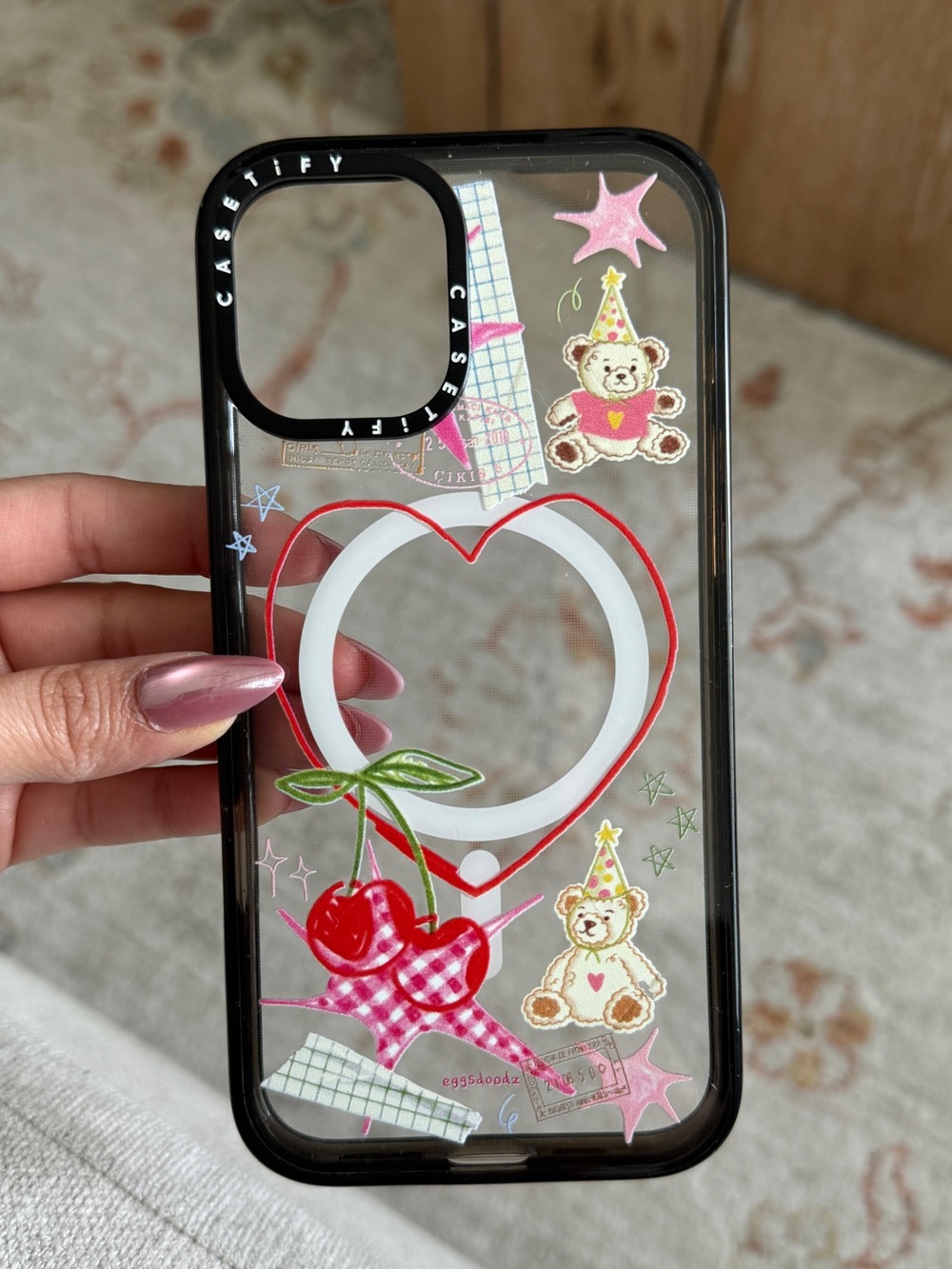Casetify Black Clear Phone Case with Pink Cherries & Teddy Stickers